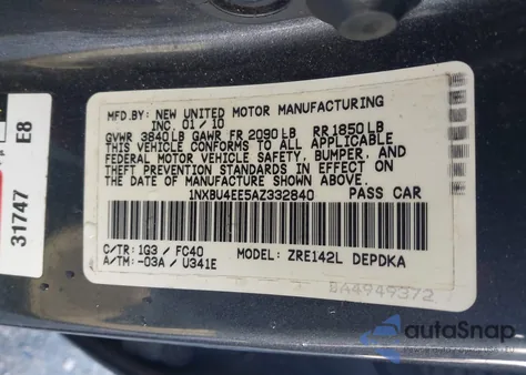 2010 Toyota Corolla Le z USA, uszkodzony, nr VIN 1NXBU4EE5AZ332840